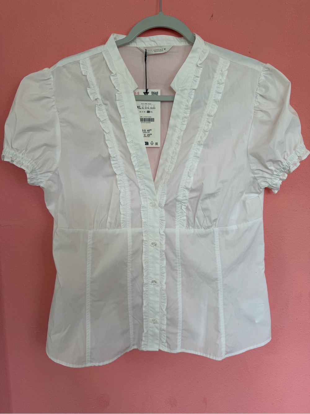 Zara White Ruffle-Detail Button Front Blouse